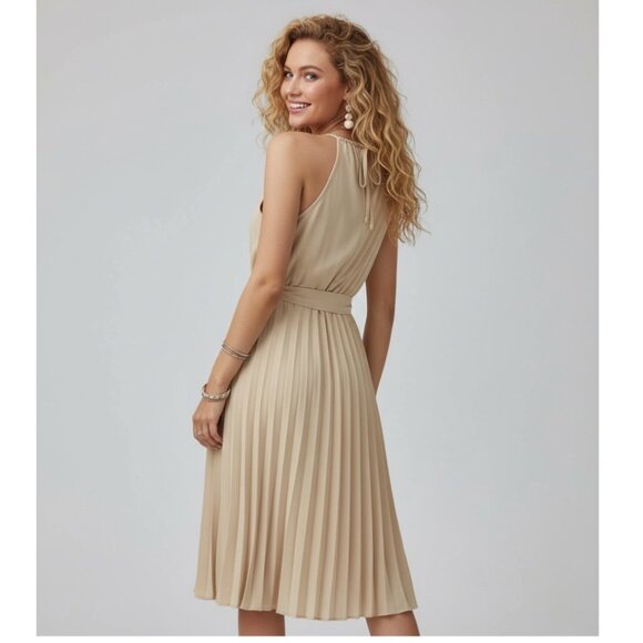 Halter Tie Back Belted Pleated Dress - Picture 2 of 5
